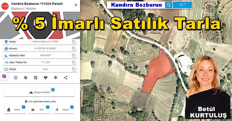 4.164 m² Kandıra Bozburun Satılık Tarla Arsa % 5 İmarlı